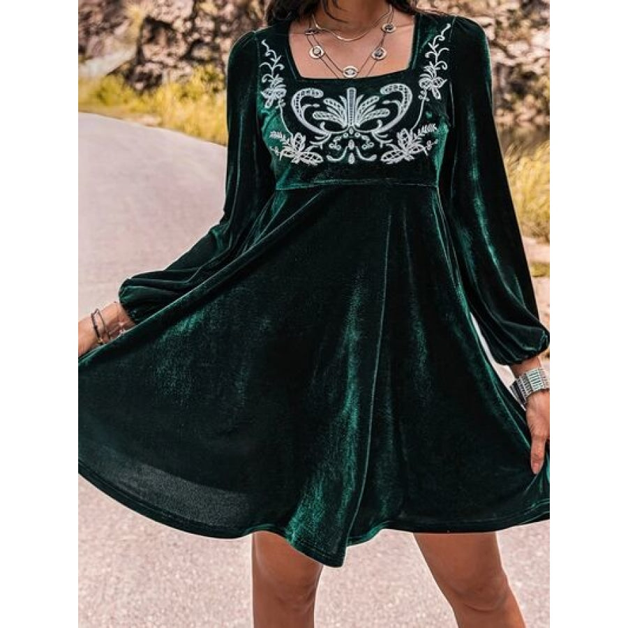 Printed Square Neck Long Sleeve Mini Dress Apparel and Accessories