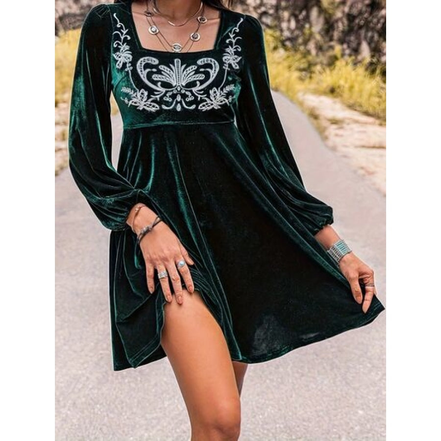 Printed Square Neck Long Sleeve Mini Dress Apparel and Accessories