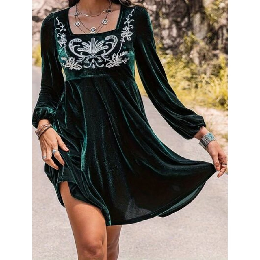 Printed Square Neck Long Sleeve Mini Dress Apparel and Accessories