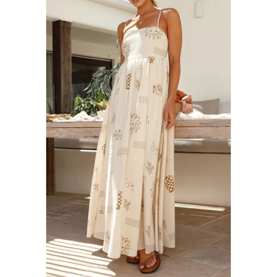Printed Square Neck Maxi Cami Dress Beige / S Apparel and Accessories