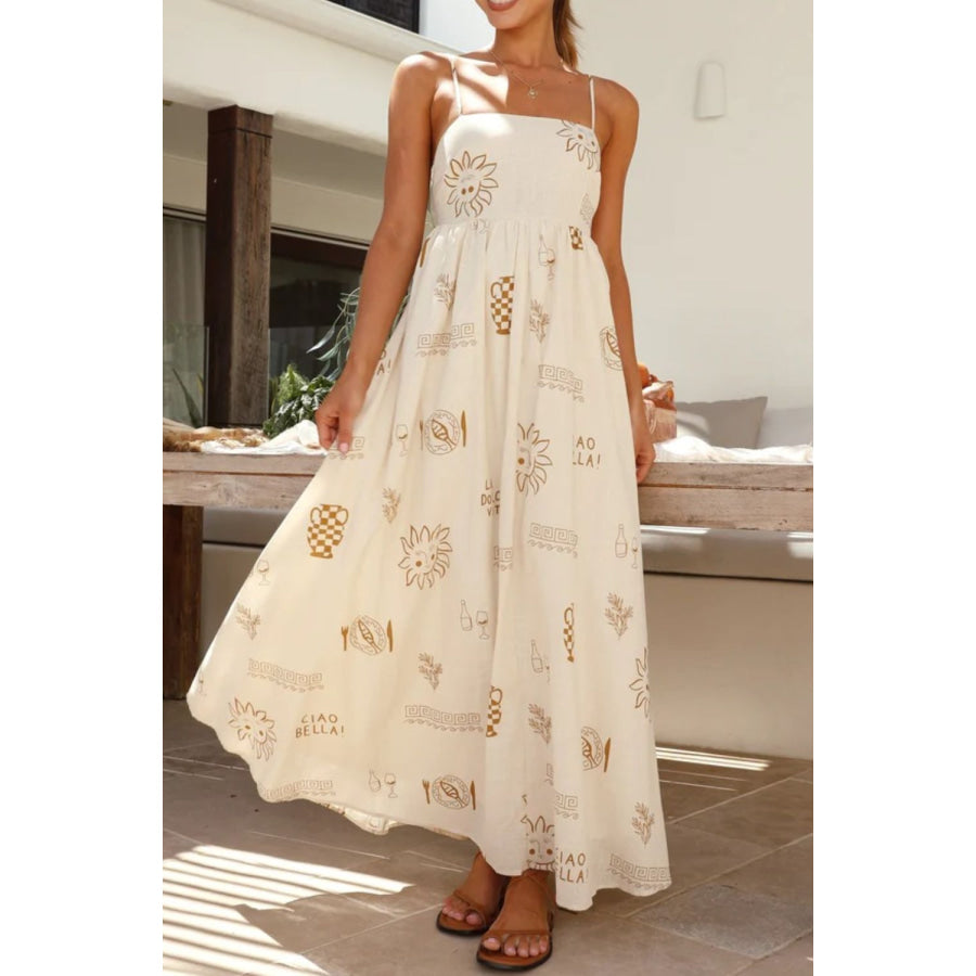Printed Square Neck Maxi Cami Dress Beige / S Apparel and Accessories