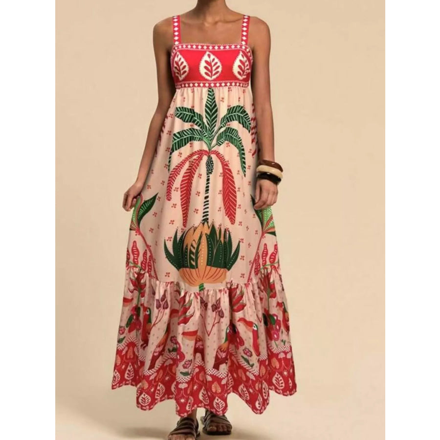 Printed Square Neck Maxi Dress Deep Red / S Apparel and Accessories