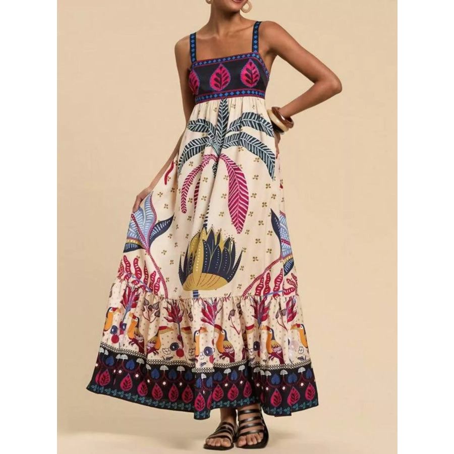 Printed Square Neck Maxi Dress Tan / S Apparel and Accessories