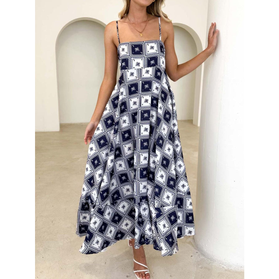 Printed Square Neck Midi Cami Dress Dark Blue / S Apparel and Accessories