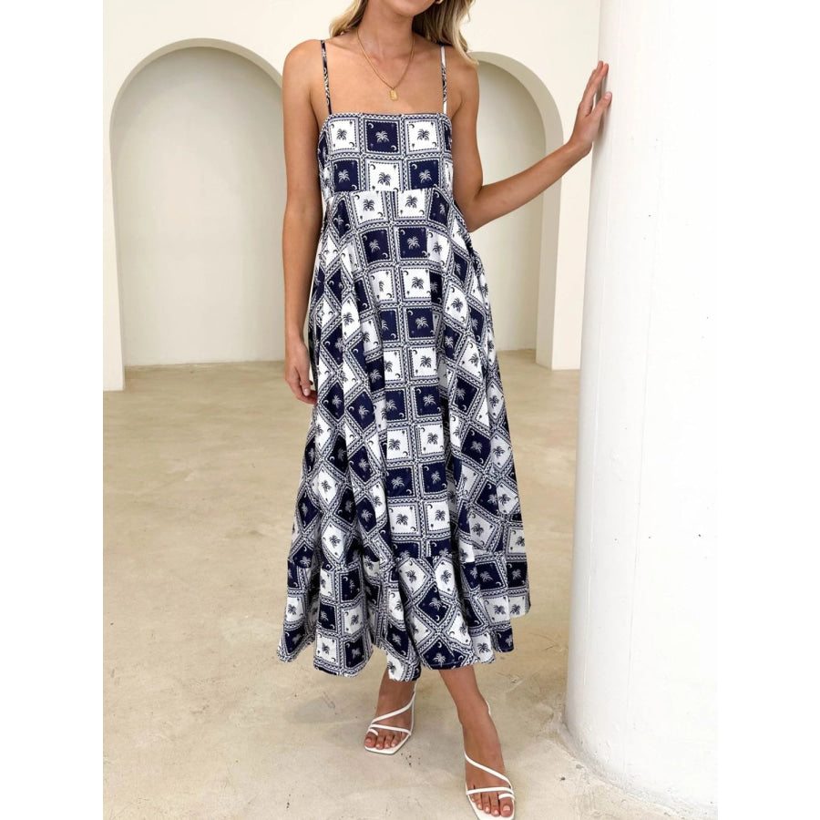 Printed Square Neck Midi Cami Dress Dark Blue / S Apparel and Accessories
