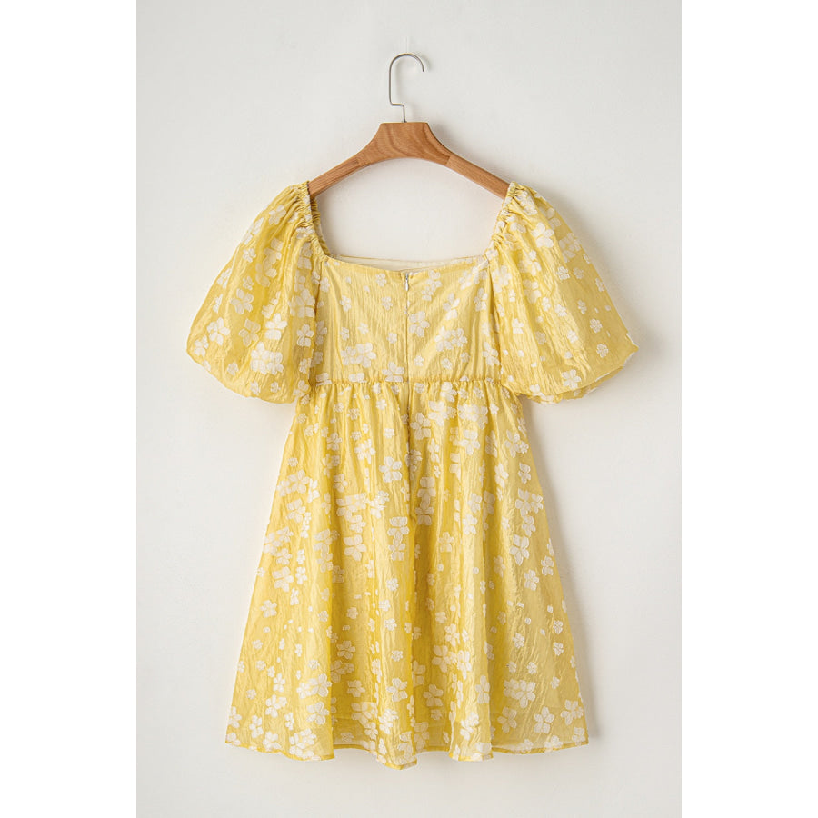 Printed Square Neck Puff Sleeve Mini Dress Light Yellow / S Apparel and Accessories