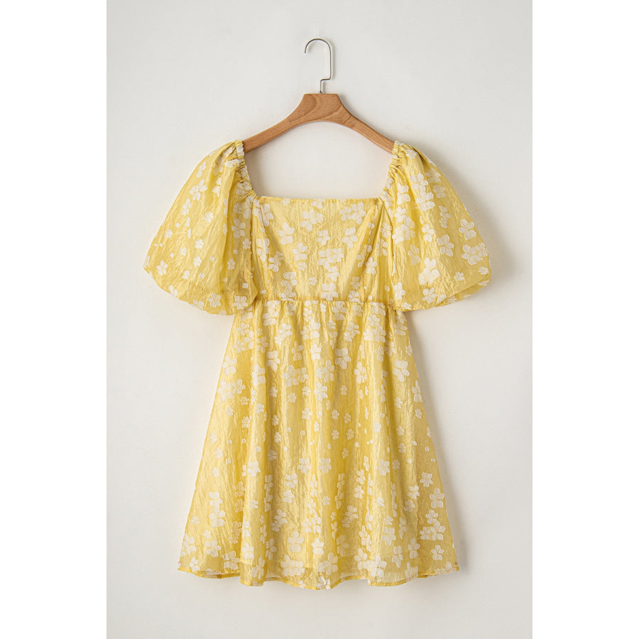 Printed Square Neck Puff Sleeve Mini Dress Light Yellow / S Apparel and Accessories