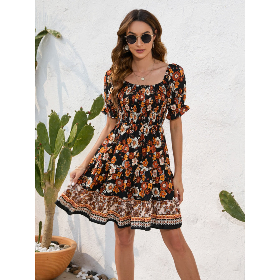 Printed Square Neck Short Sleeve Dress Apparel and Accessories