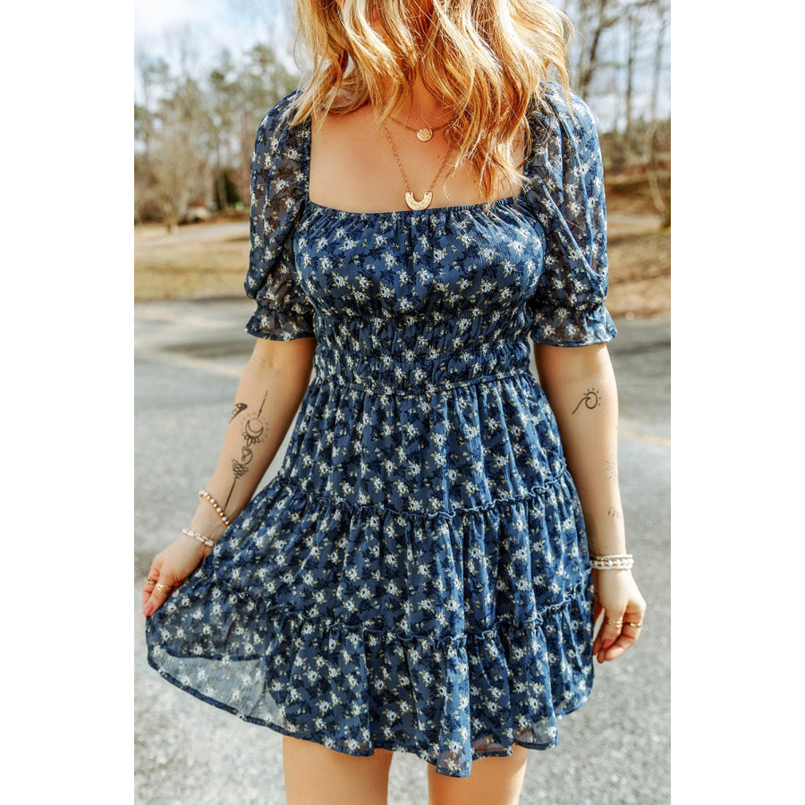 Printed Square Neck Short Sleeve Dress Apparel and Accessories