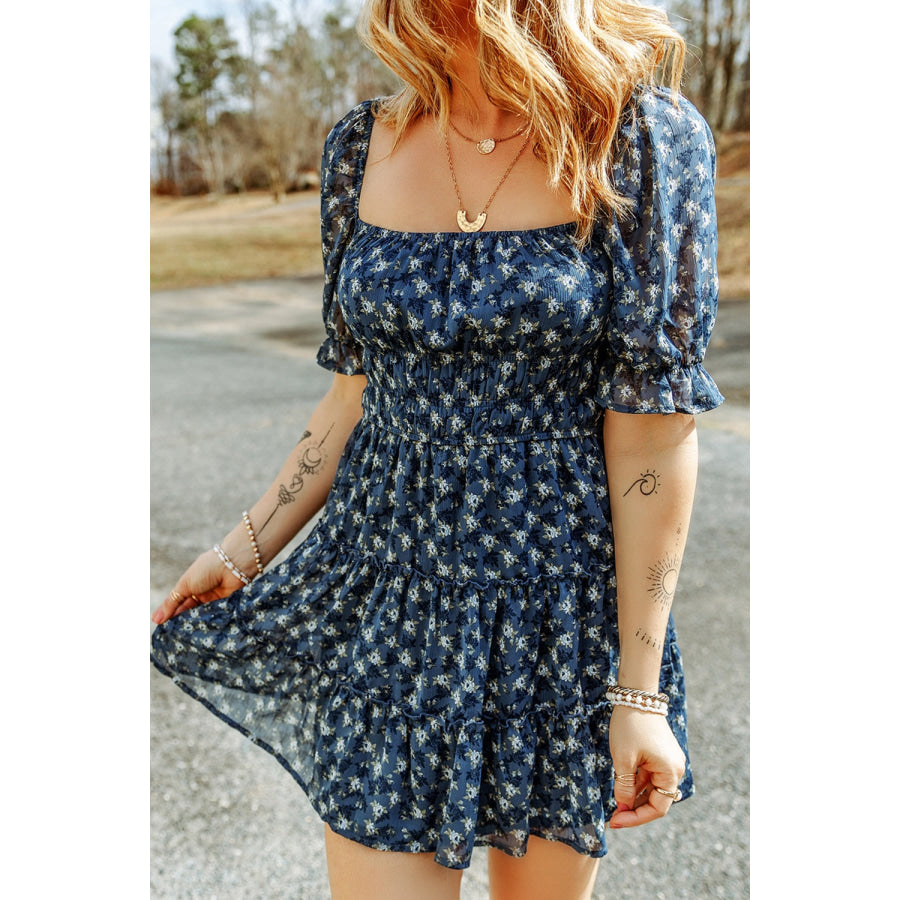 Printed Square Neck Short Sleeve Dress Apparel and Accessories