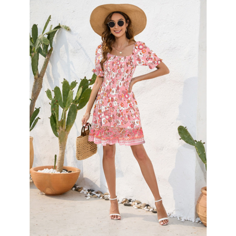 Printed Square Neck Short Sleeve Dress Apparel and Accessories