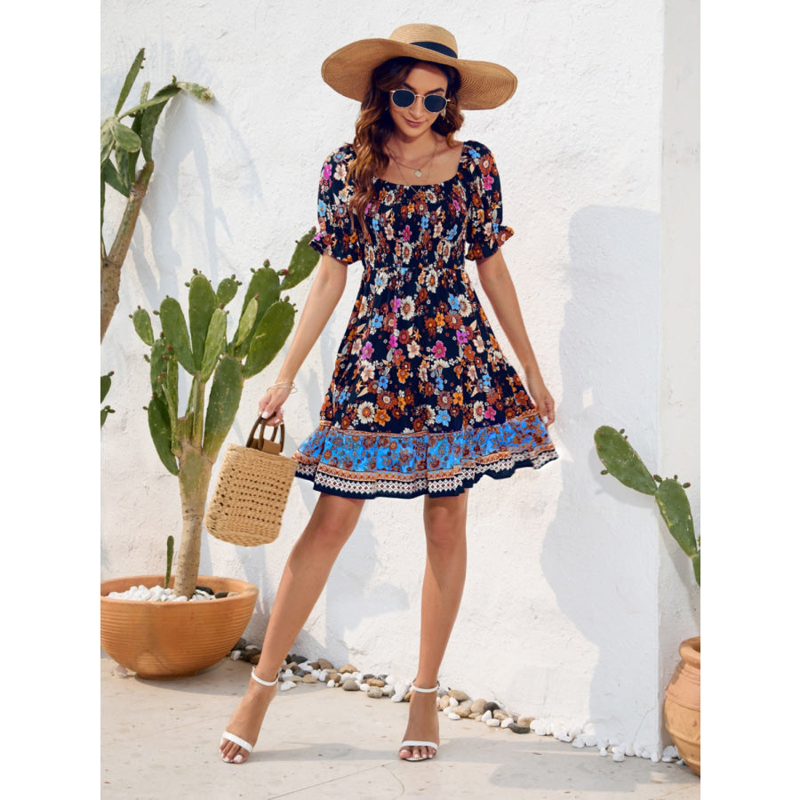 Printed Square Neck Short Sleeve Dress Apparel and Accessories