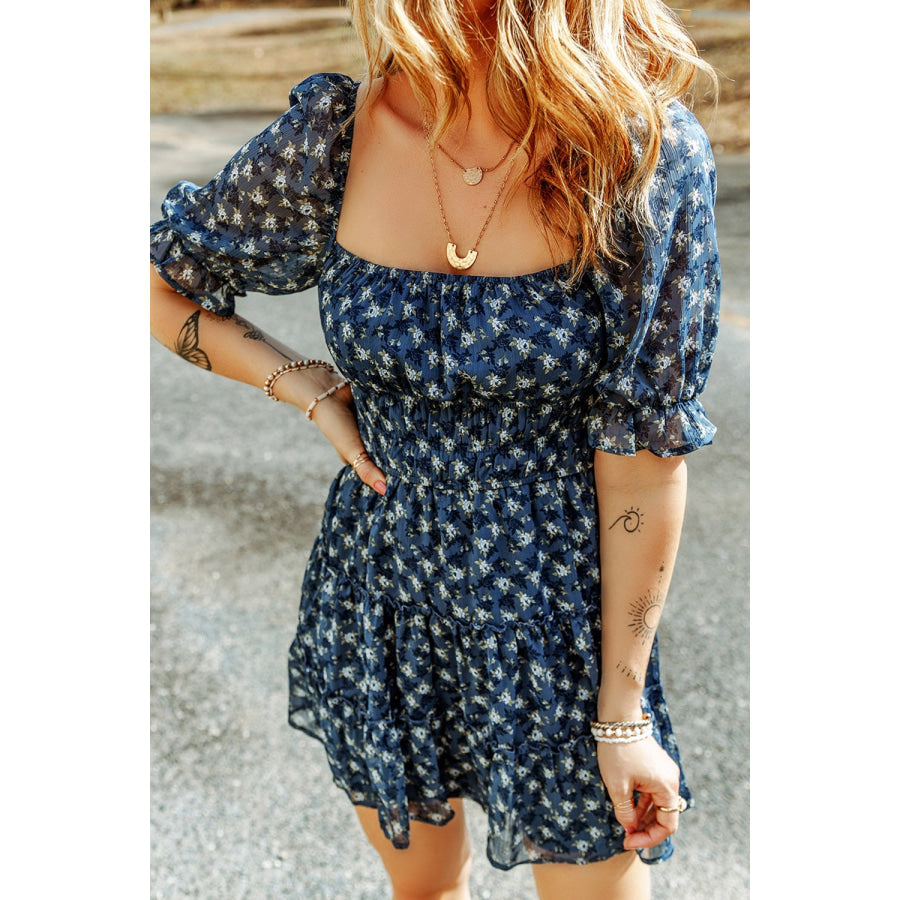 Printed Square Neck Short Sleeve Dress Apparel and Accessories