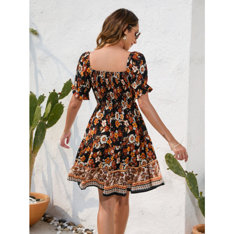 Printed Square Neck Short Sleeve Dress Apparel and Accessories