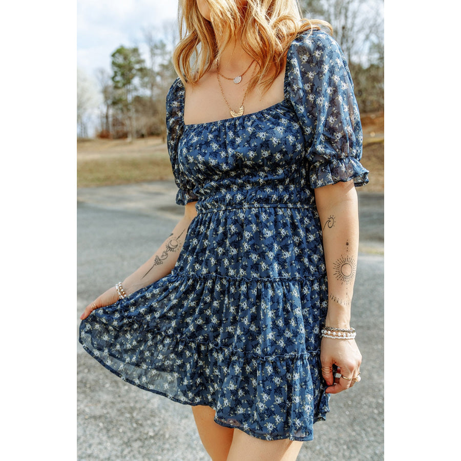 Printed Square Neck Short Sleeve Dress Apparel and Accessories