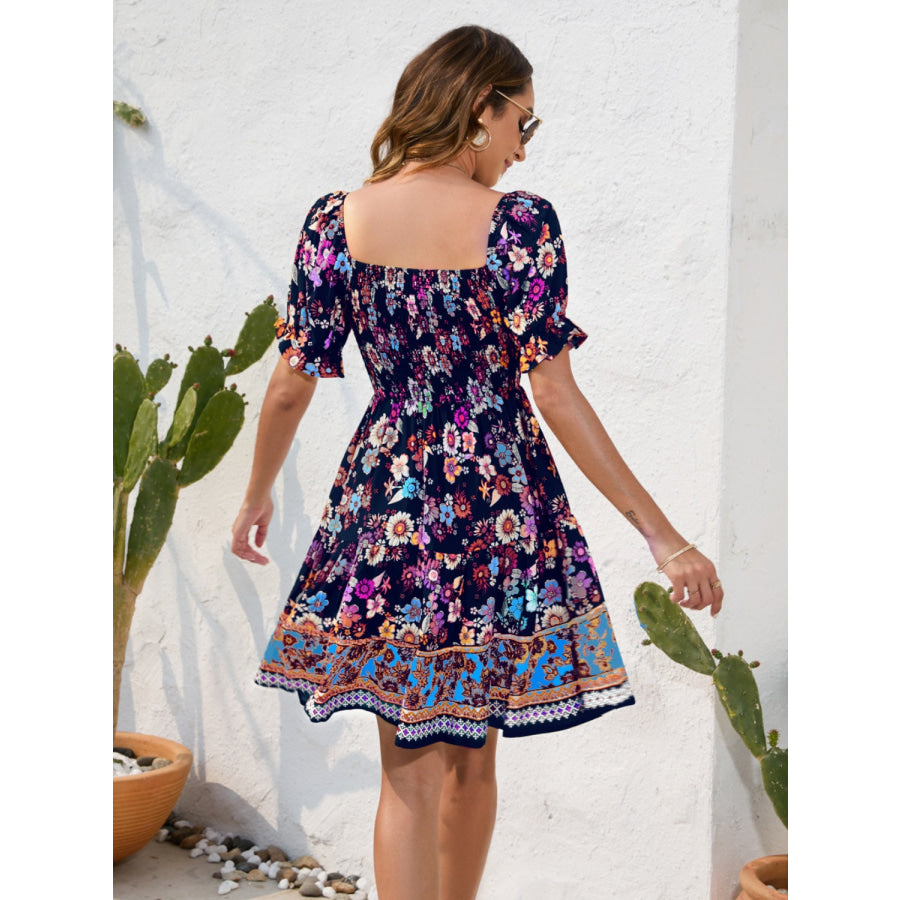 Printed Square Neck Short Sleeve Dress Apparel and Accessories