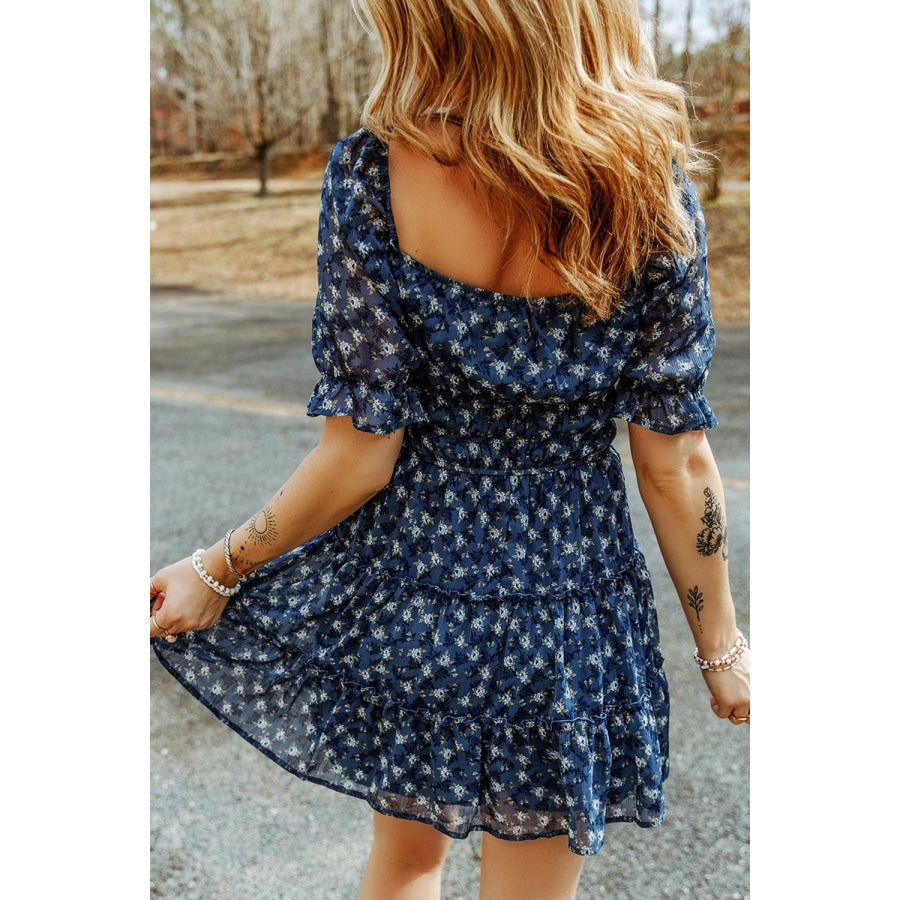 Printed Square Neck Short Sleeve Dress Apparel and Accessories