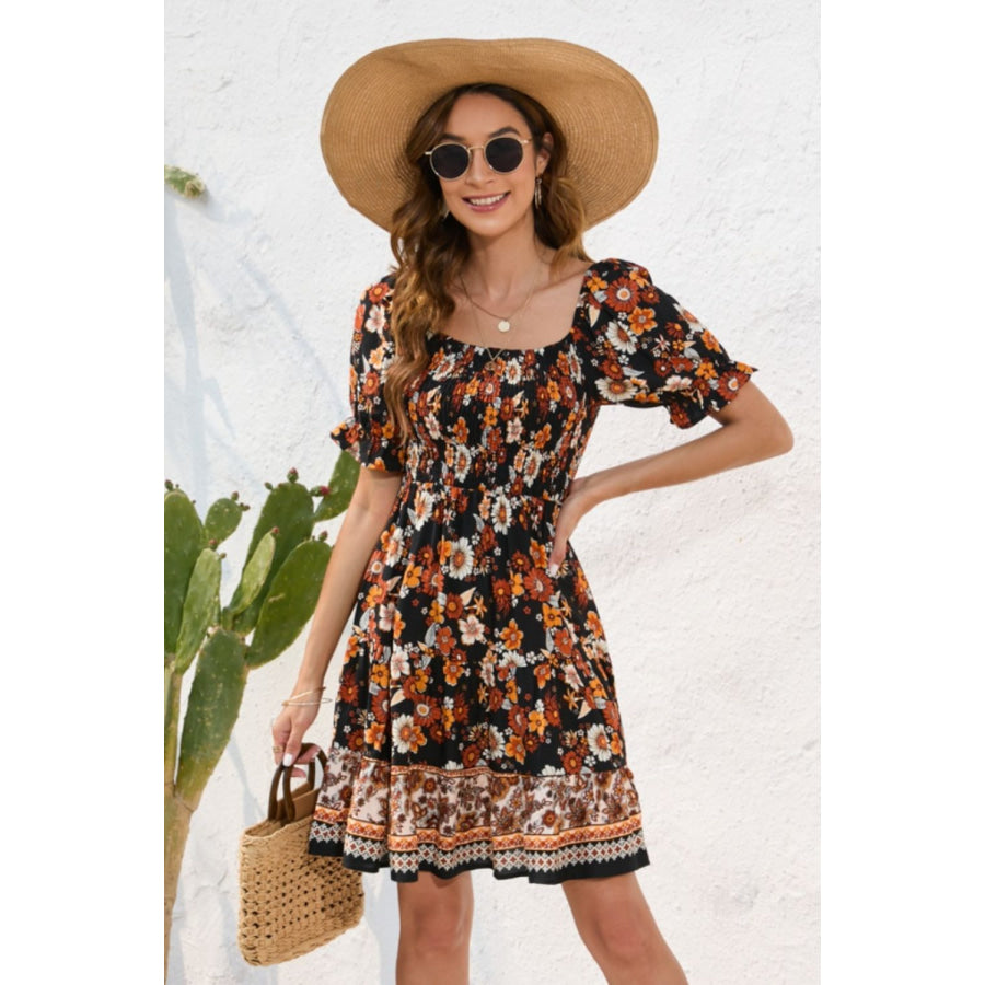 Printed Square Neck Short Sleeve Dress Black / S Apparel and Accessories