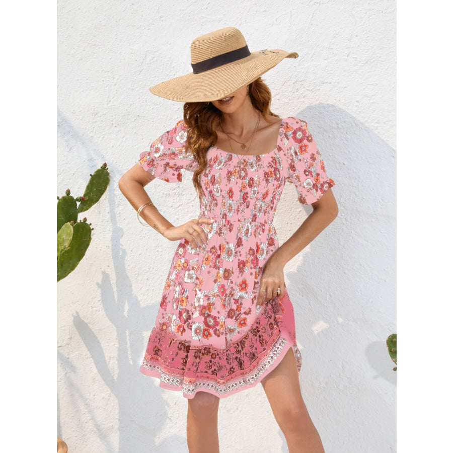 Printed Square Neck Short Sleeve Dress Blush Pink / S Apparel and Accessories