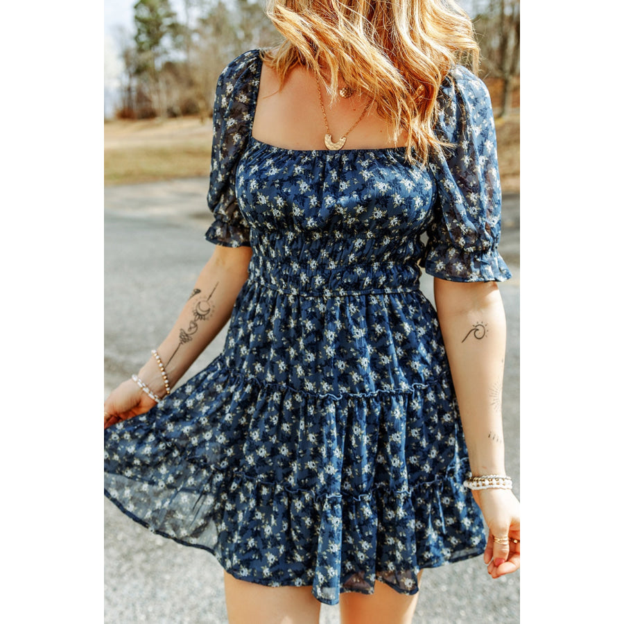 Printed Square Neck Short Sleeve Dress French Blue / S Apparel and Accessories