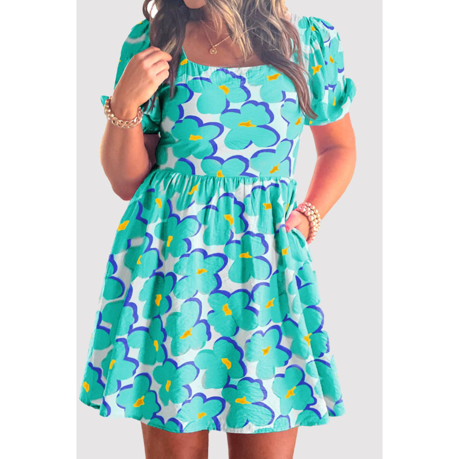 Printed Square Neck Short Sleeve Dress Teal / S