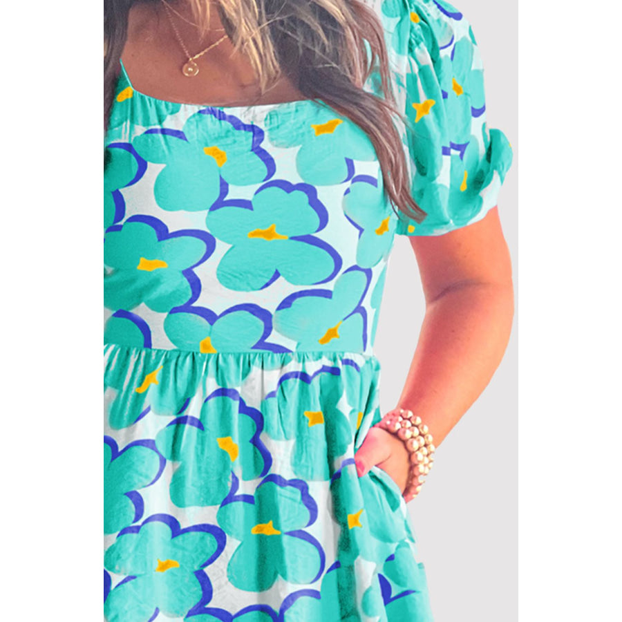 Printed Square Neck Short Sleeve Dress