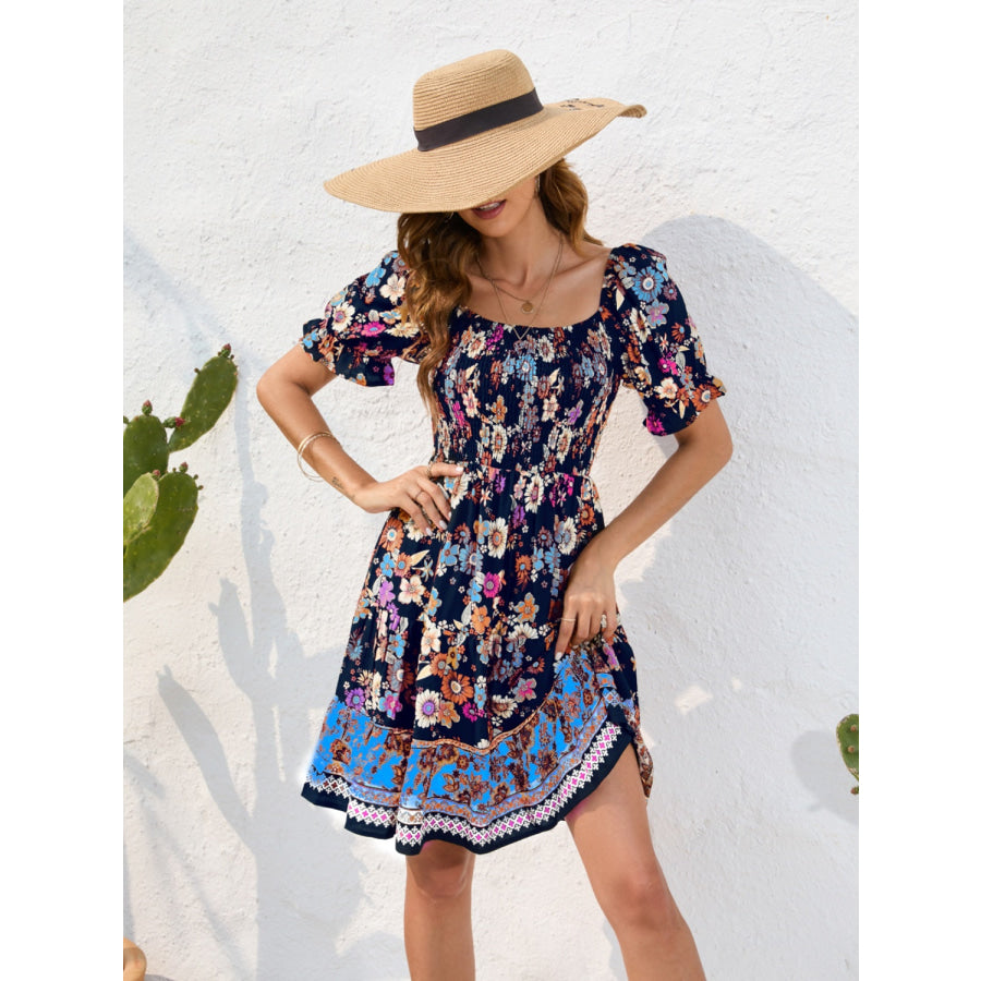 Printed Square Neck Short Sleeve Dress Ultra marine / S Apparel and Accessories