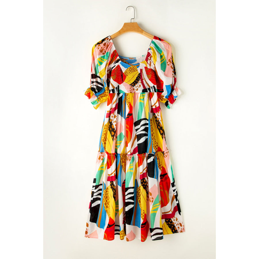 Printed Square Neck Short Sleeve Midi Dress Apparel and Accessories