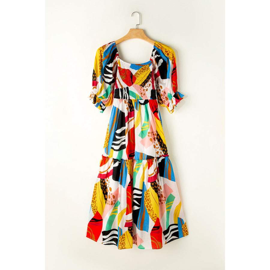 Printed Square Neck Short Sleeve Midi Dress Apparel and Accessories