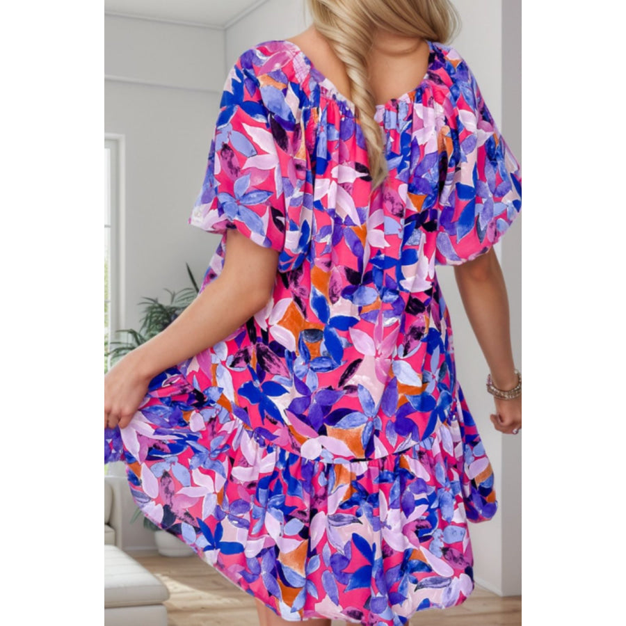 Printed Square Neck Short Sleeve Mini Dress Apparel and Accessories