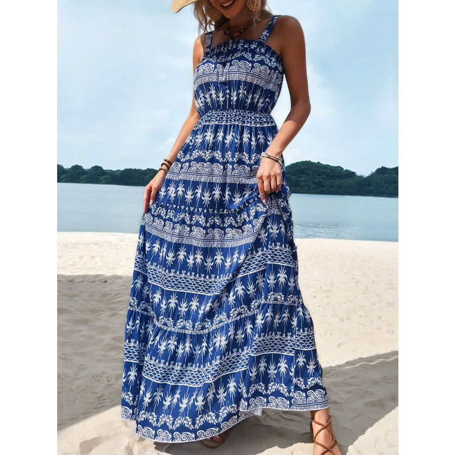 Printed Square Neck Sleeveless Maxi Dress Blue / S Apparel and Accessories