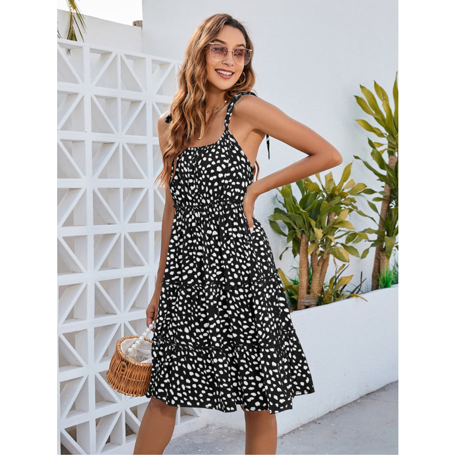 Printed Square Neck Tie Shoulder Dress Apparel and Accessories