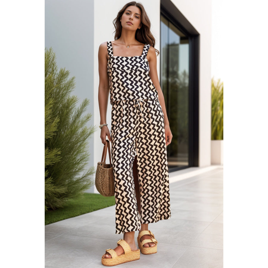 Printed Square Neck Top and Pants Set White / S Apparel and Accessories