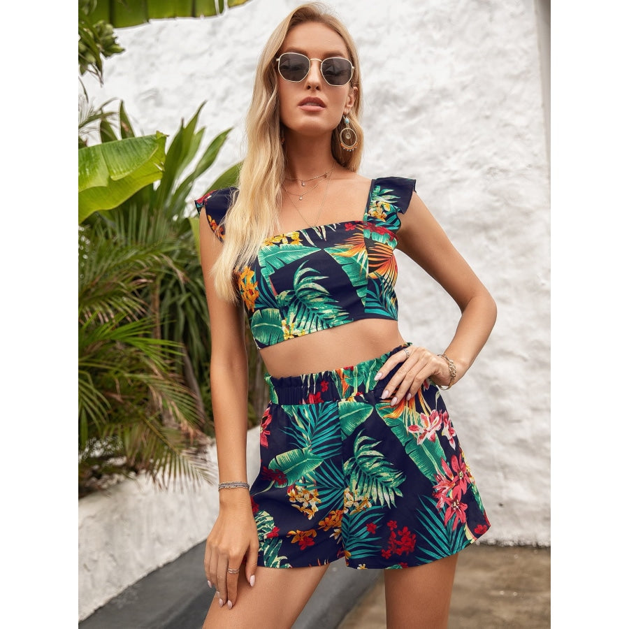 Printed Square Neck Top and Shorts Set Gum Leaf / S
