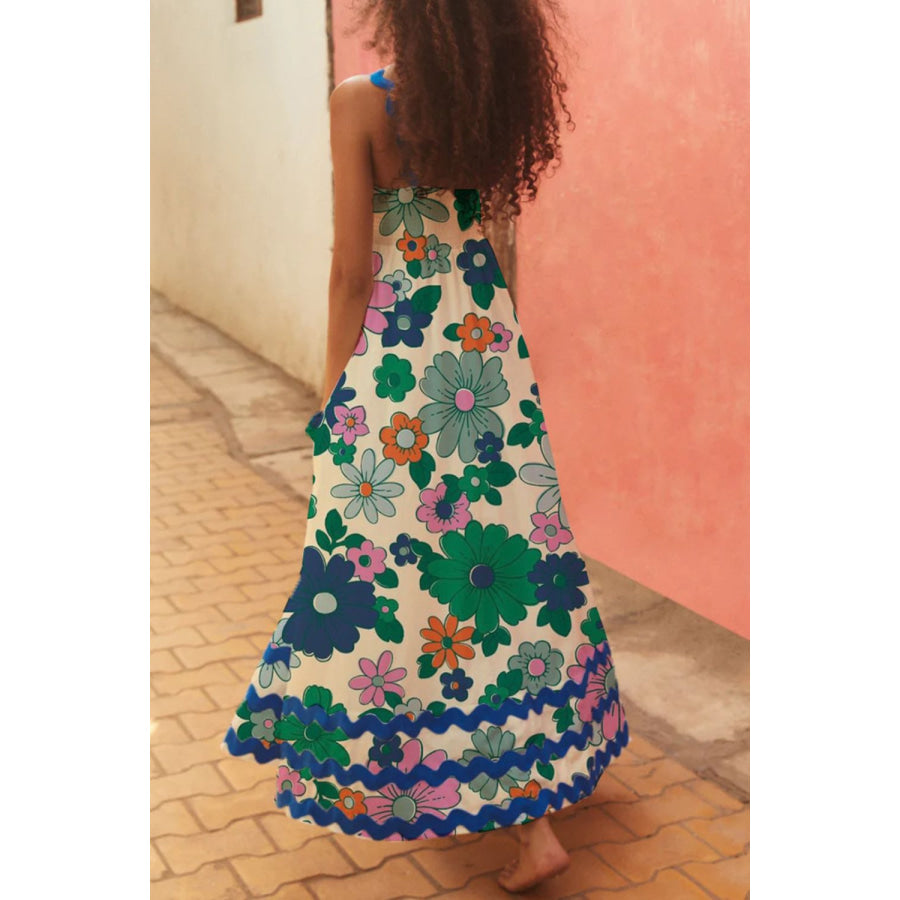 Printed Square Neck Wide Strap Dress Green / S Apparel and Accessories