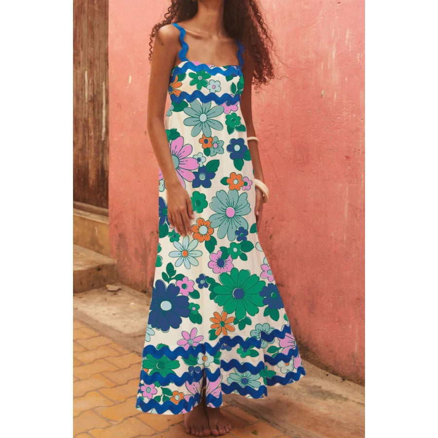 Printed Square Neck Wide Strap Dress Green / S Apparel and Accessories