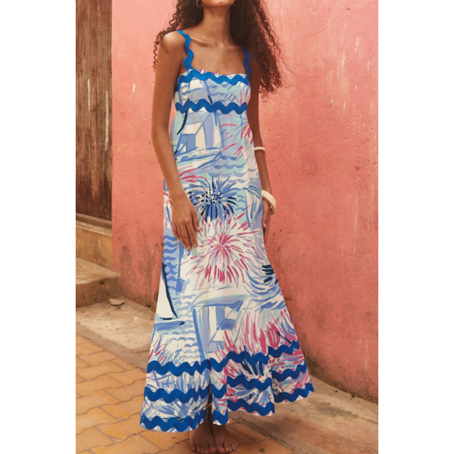 Printed Square Neck Wide Strap Dress Light Blue / S Apparel and Accessories