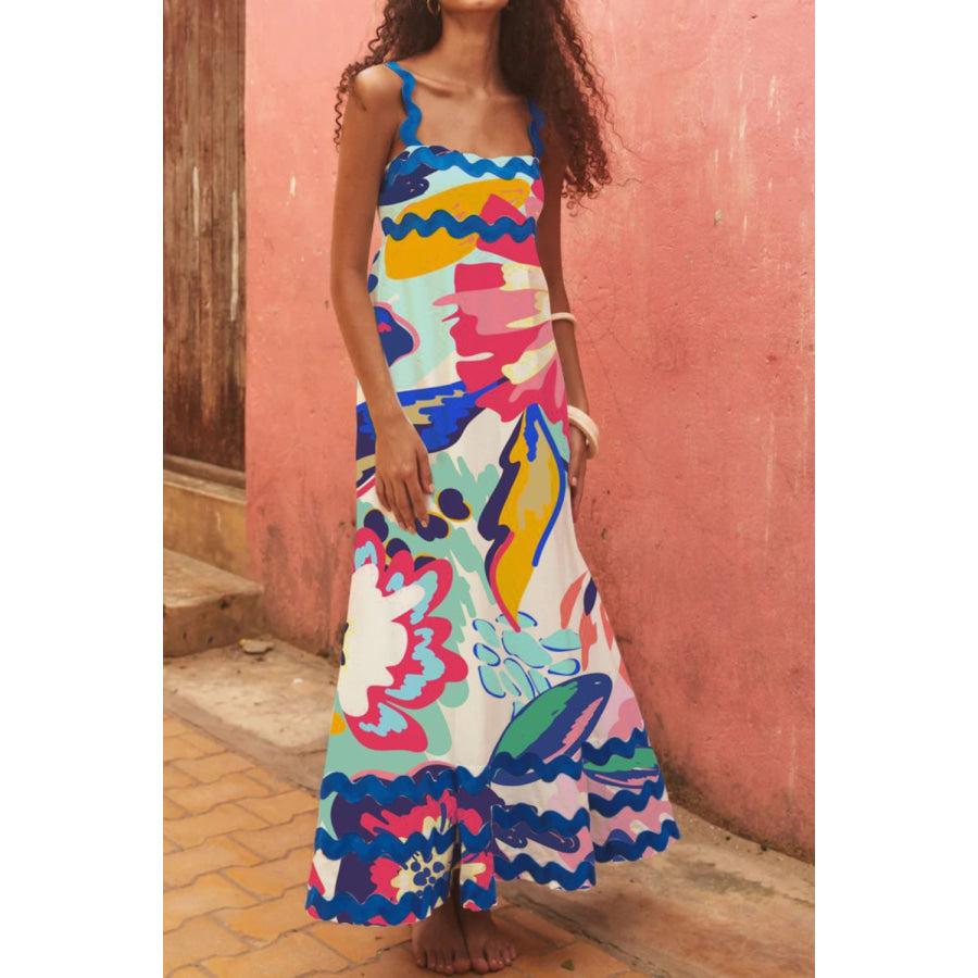 Printed Square Neck Wide Strap Dress Pink / S Apparel and Accessories