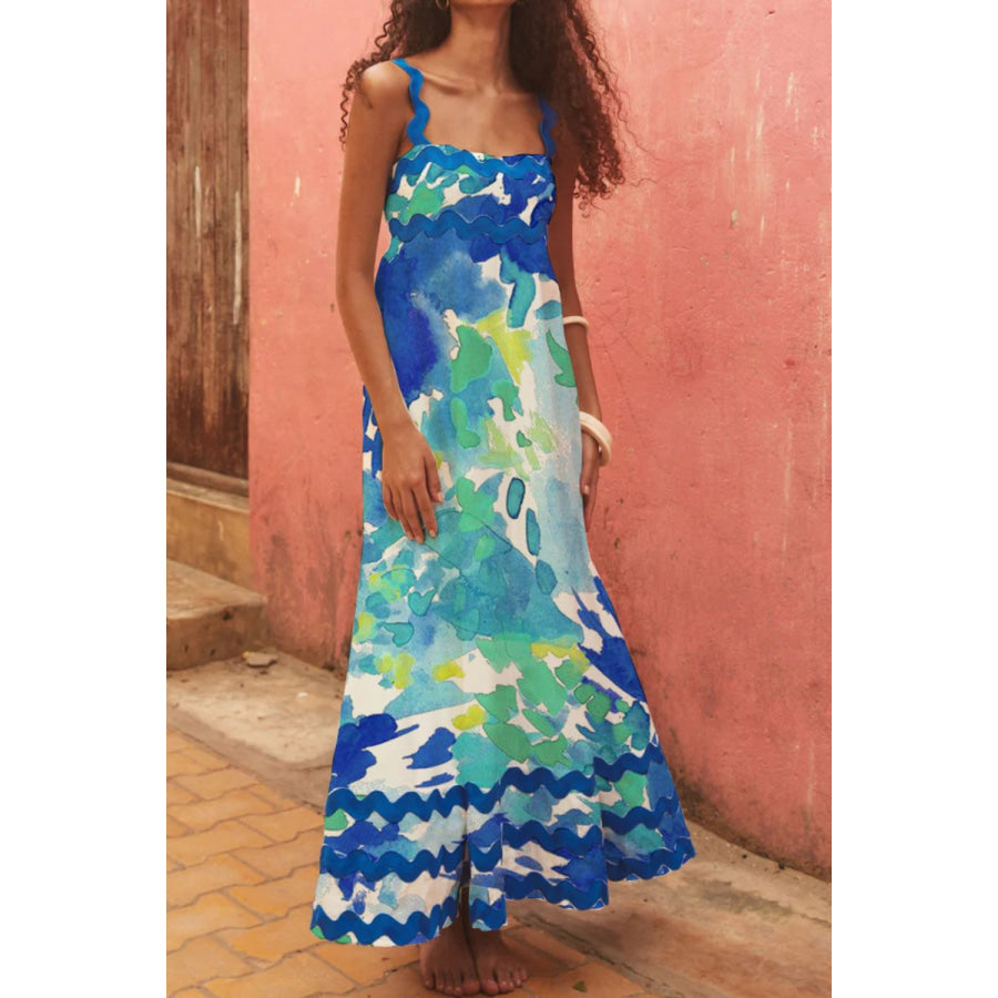 Printed Square Neck Wide Strap Dress Turquoise / S Apparel and Accessories