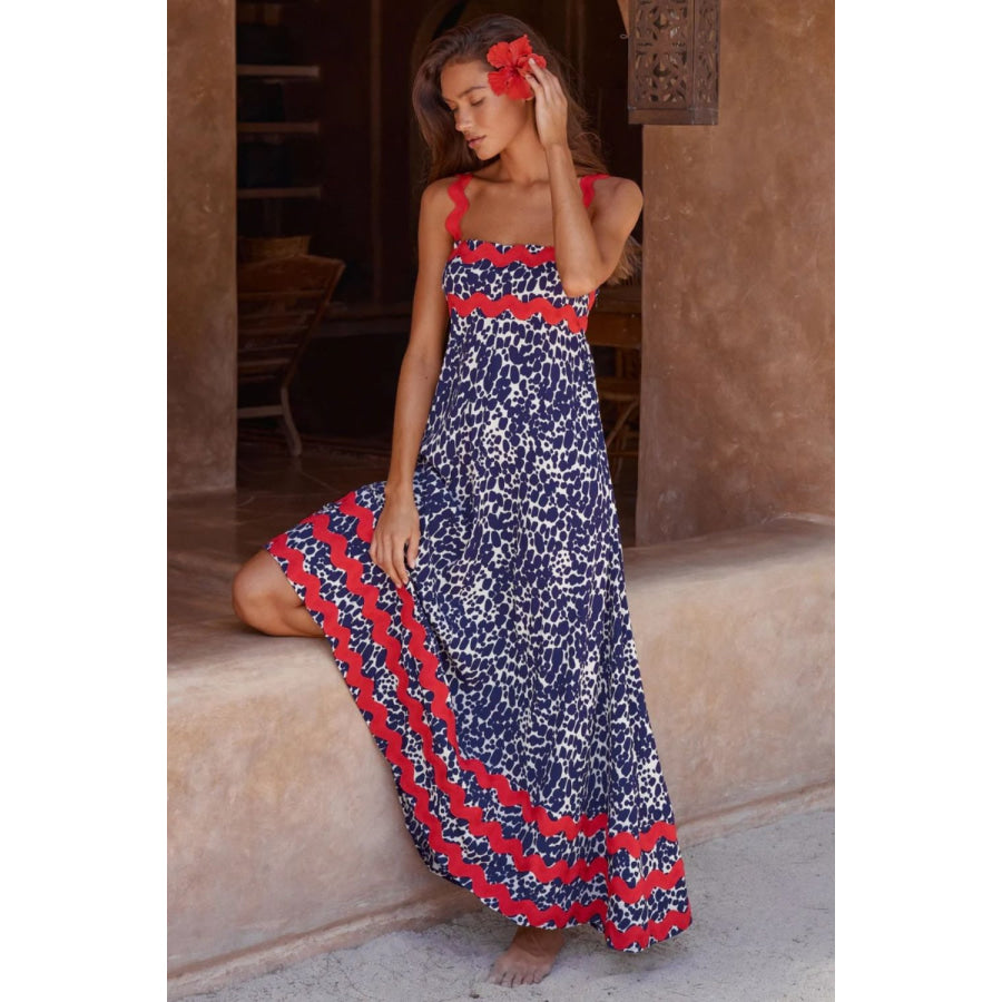 Printed Square Neck Wide Strap Maxi Dress Dark Blue / S Apparel and Accessories