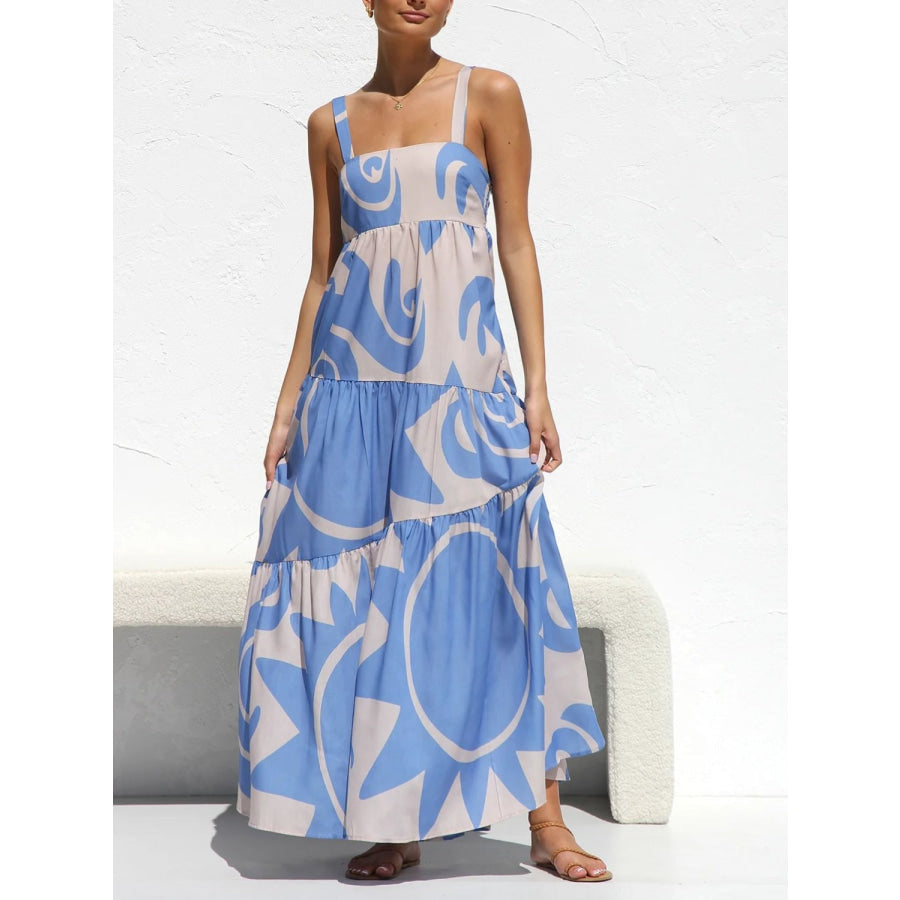 Printed Square Neck Wide Strap Maxi Dress Light Blue / S Apparel and Accessories