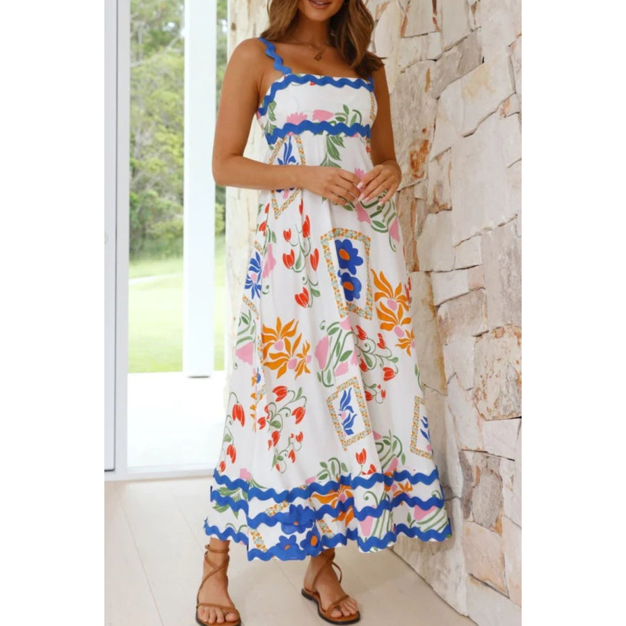 Printed Square Neck Wide Strap Midi Dress Multicolor / S Apparel and Accessories