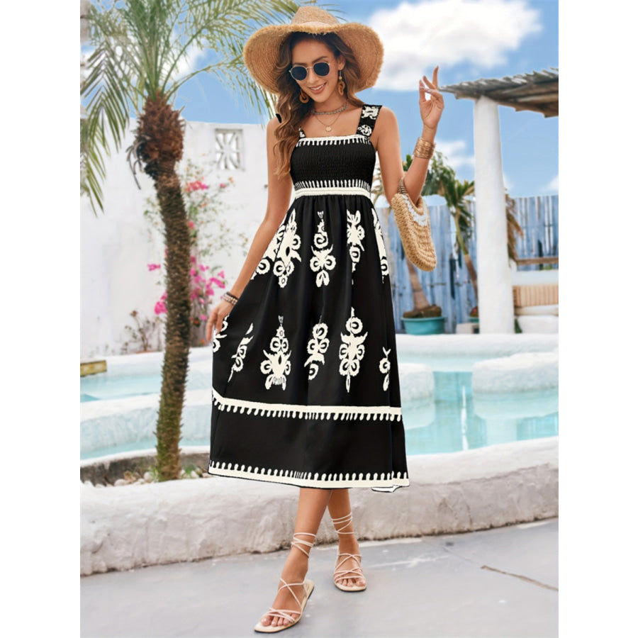 Printed Square Neck Wide Strap Midi Dress Black / S Apparel and Accessories