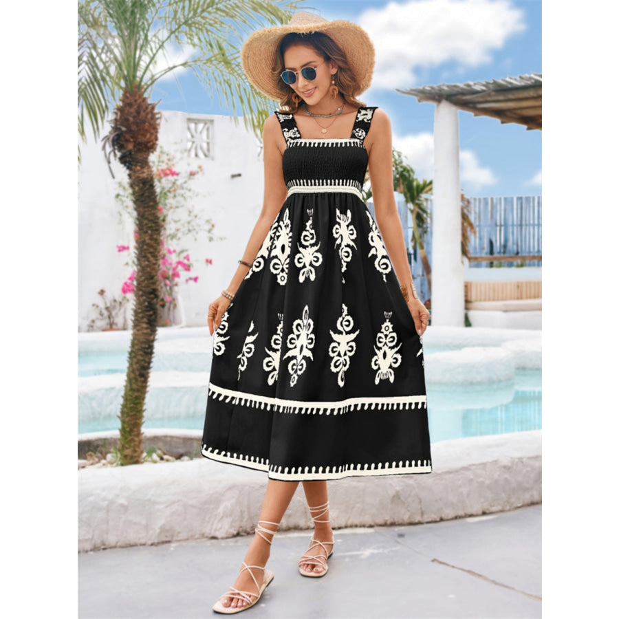 Printed Square Neck Wide Strap Midi Dress Black / S Apparel and Accessories