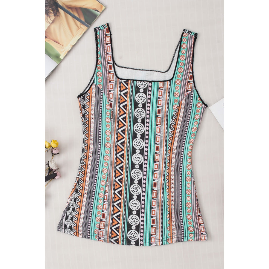 Printed Square Neck Wide Strap Tank Apparel and Accessories