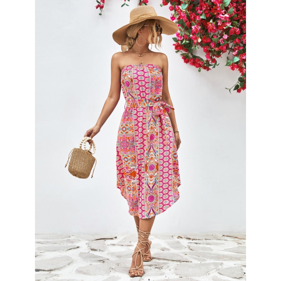 Printed Strapless Tie Belt Dress Hot Pink / S