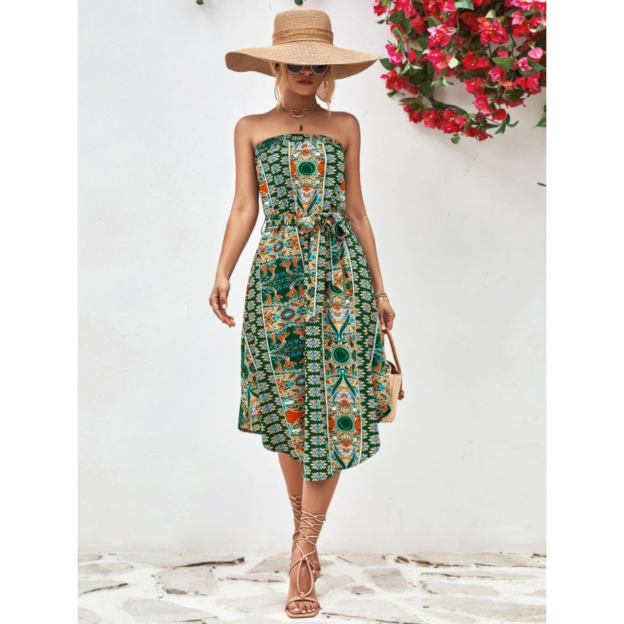 Printed Strapless Tie Belt Dress Mid Green / S