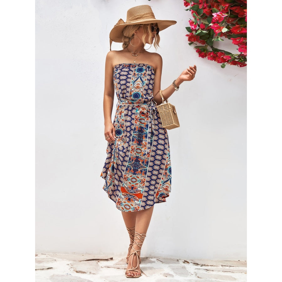 Printed Strapless Tie Belt Dress Navy / S