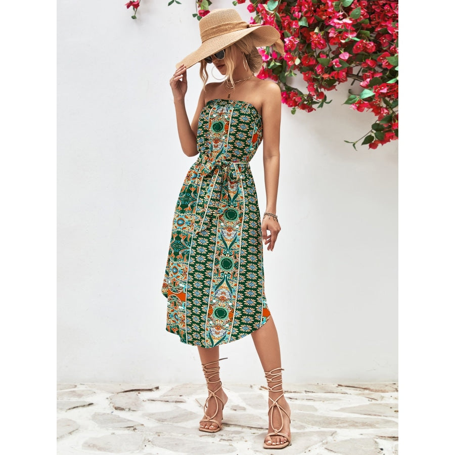 Printed Strapless Tie Belt Dress