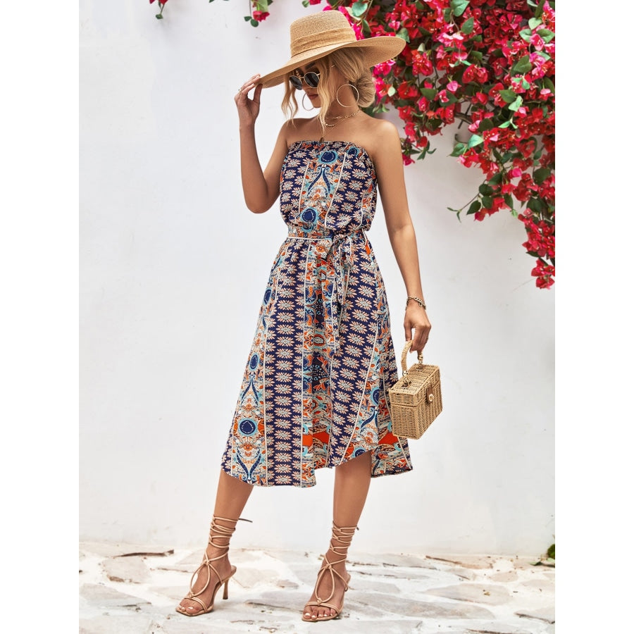 Printed Strapless Tie Belt Dress